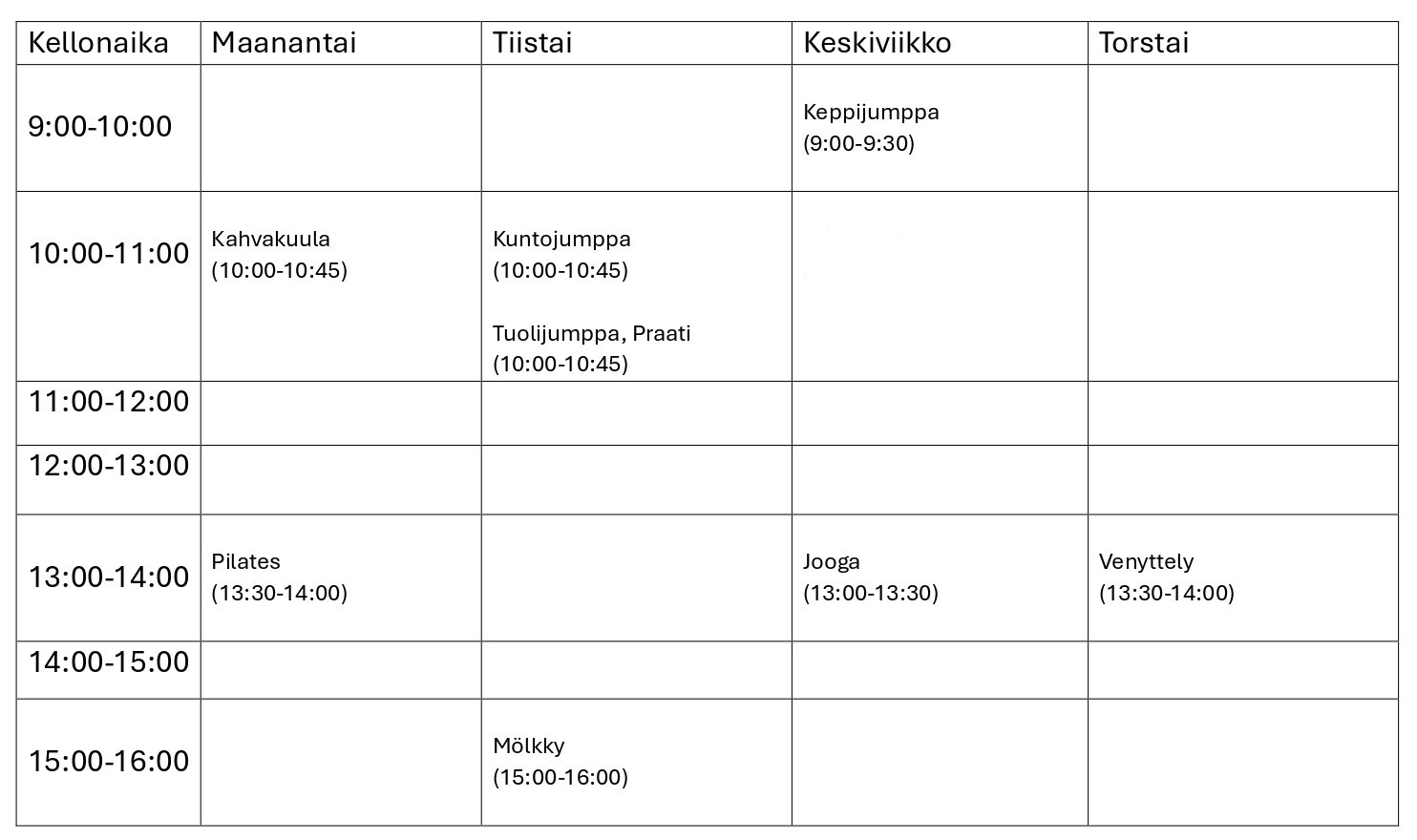 Kesäkuun pihajumppien lukujärjestys.