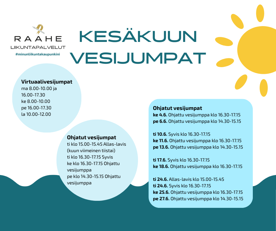Kesäkuun vesijumpat. Virtuaalivesijumpat ma 8.00-10.00 ja  16.00-17.30 ke 8.00-10.00 pe 16.00-17.30 la 10.00-12.00. Ohjatut vesijumpat ke 4.6. Ohjattu vesijumppa klo 16.30-17.15 pe 6.6. Ohjattu vesijumppa klo 14.30-15.15  ti 10.6. Syvis klo 16.30-17.15 ke 11.6. Ohjattu vesijumppa klo 16.30-17.15 pe 13.6. Ohjattu vesijumppa klo 14.30-15.15  ti 17.6. Syvis klo 16.30-17.15 ke 18.6. Ohjattu vesijumppa klo 16.30-17.15  ti 24.6. Allas-lavis klo 15.00-15.45 ti 24.6. Syvis klo 16.30-17.15 ke 25.6. Ohjattu vesijumppa klo 16.30-17.15 pe 27.6. Ohjattu vesijumppa klo 14.30-15.15.