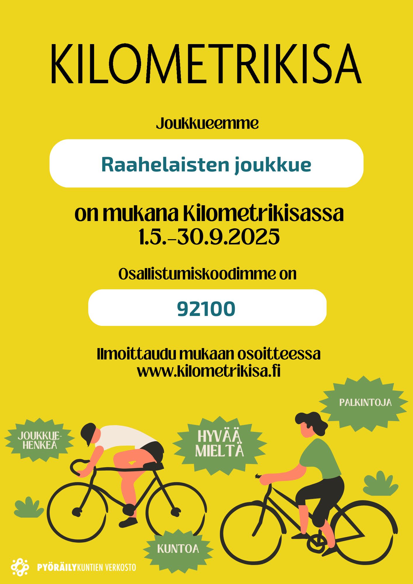 Kilometrikisa: Joukkueemme Raahelaisten joukkue on mukana kilometrikisassa 1.5.-30.9.2025. Osallistumiskoodimme on 92100. Ilmoittaudu mukaan osoitteessa www.kilometrikisa.fi.